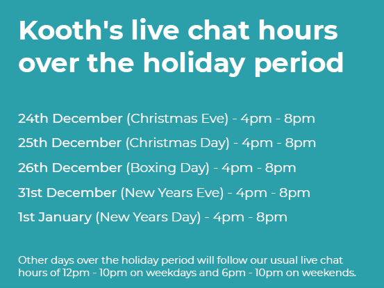Live chat hours over the holiday period