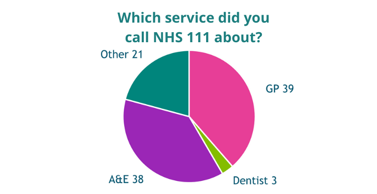 Pie chart showing that 39 answers were about a GP, 38 about A&E, 3 about Dental care, and 21 other.