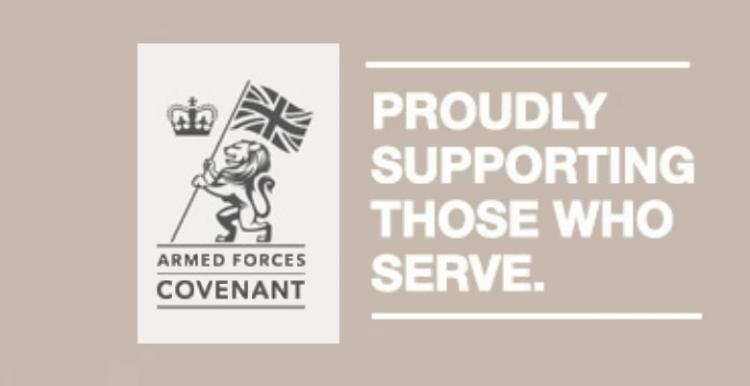 Armed Forces Covenant logo and banner that says 'proudly supporting those who serve'
