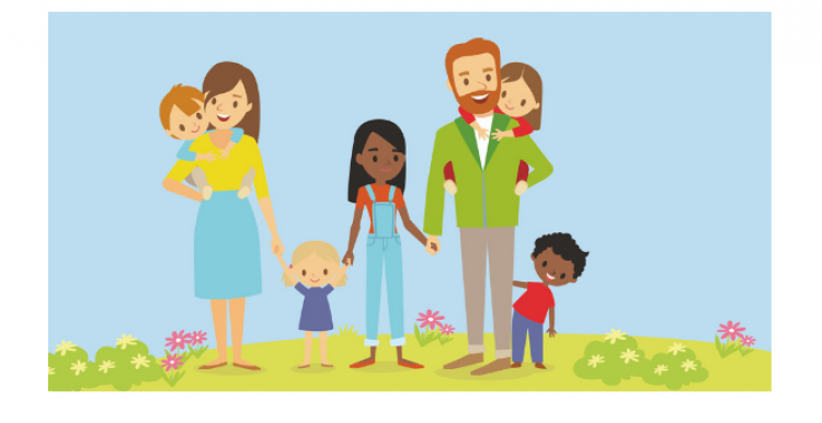 Children and family support service Drawing of a family with the text: 'Children and family support service'