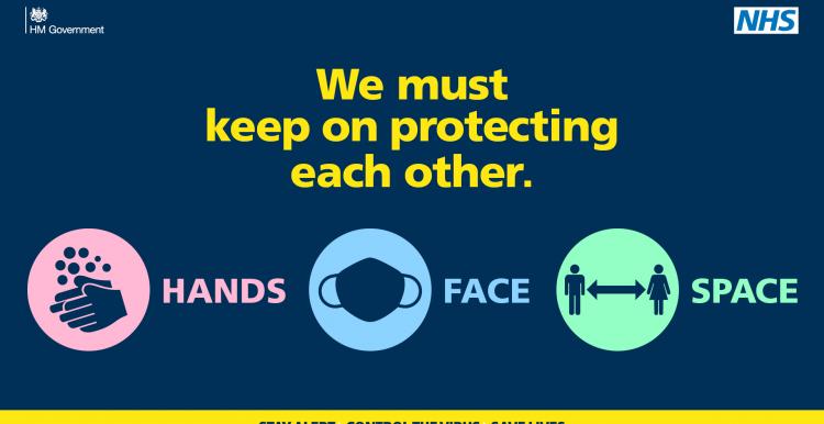 Text reads: We must keep on protecting each other. Hands. Face. Space