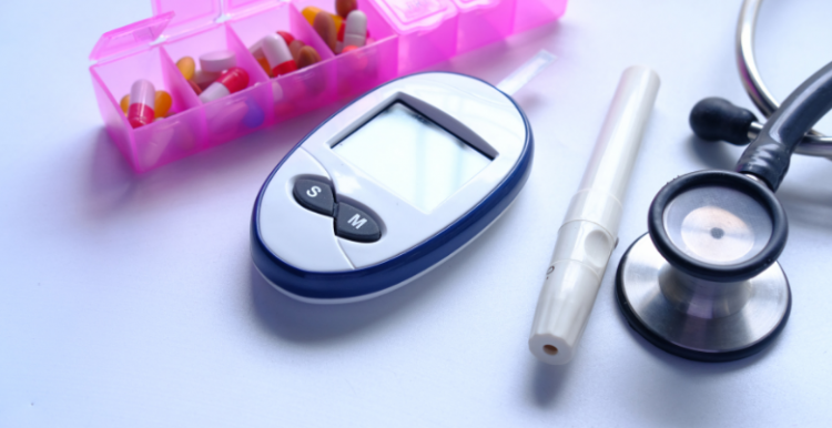 blood sugar monitor, tablets, a stethoscope