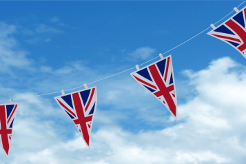 union jack flags as triangular bunting across a blue sky