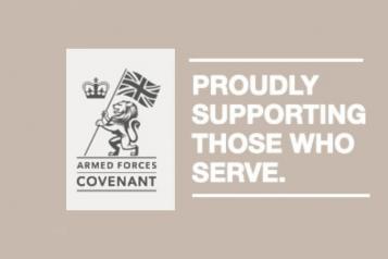 Armed Forces Covenant logo and banner that says 'proudly supporting those who serve'