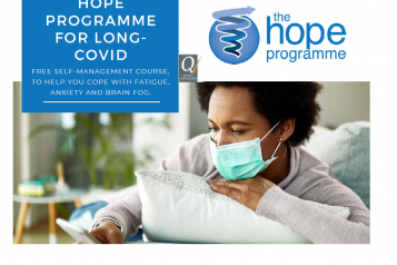 lady wearing a mask, looking at her smartphone. Text reads 'Hope programme for long covid.'